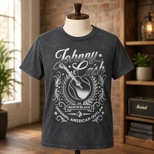 NWOT Johnny Cash T-Shirt Mens‎ Medium Gray Acid Wash Tee Man In Black Outlaw